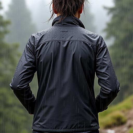 A person wearing the Yama Waterproof Shell in the rain.